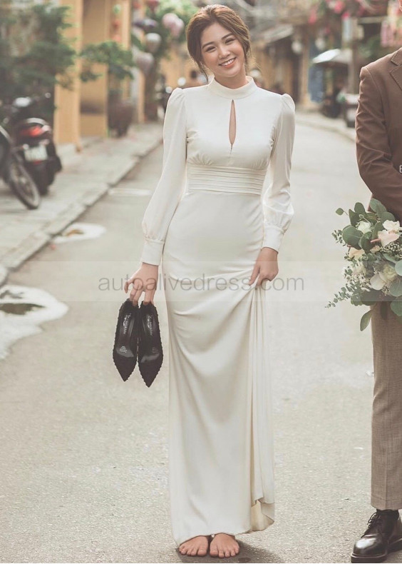 Long Sleeve Ivory Satin Keyhole Back Minimalist Wedding Dress